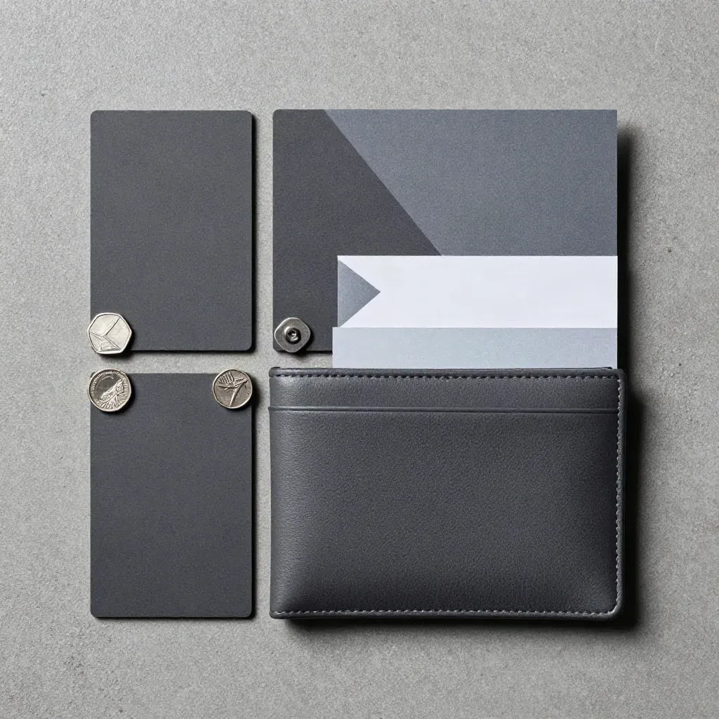 Overhead Solana crypto pack with silver chips and charcoal wallet sleeve on brushed concrete.