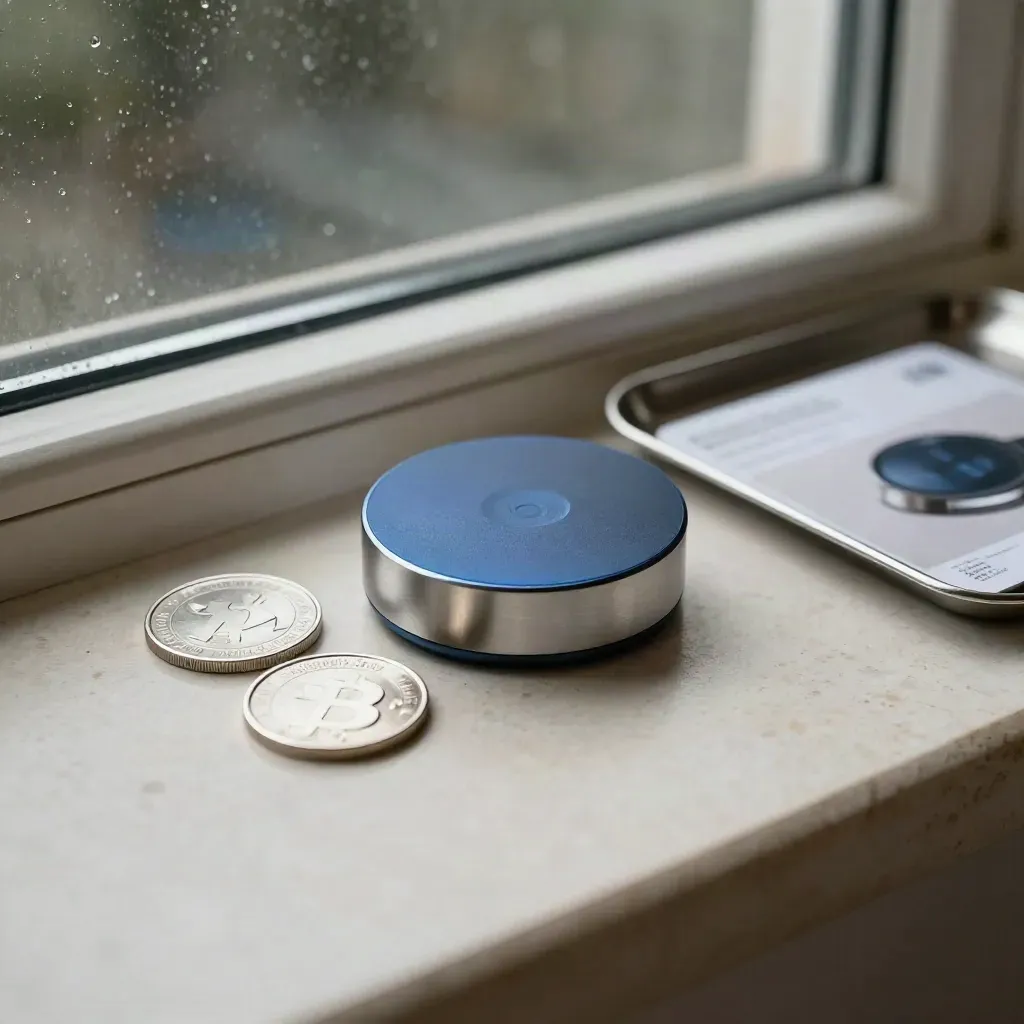 Glowing crypto alert puck with silver tokens on a limestone windowsill near a blurred support card.