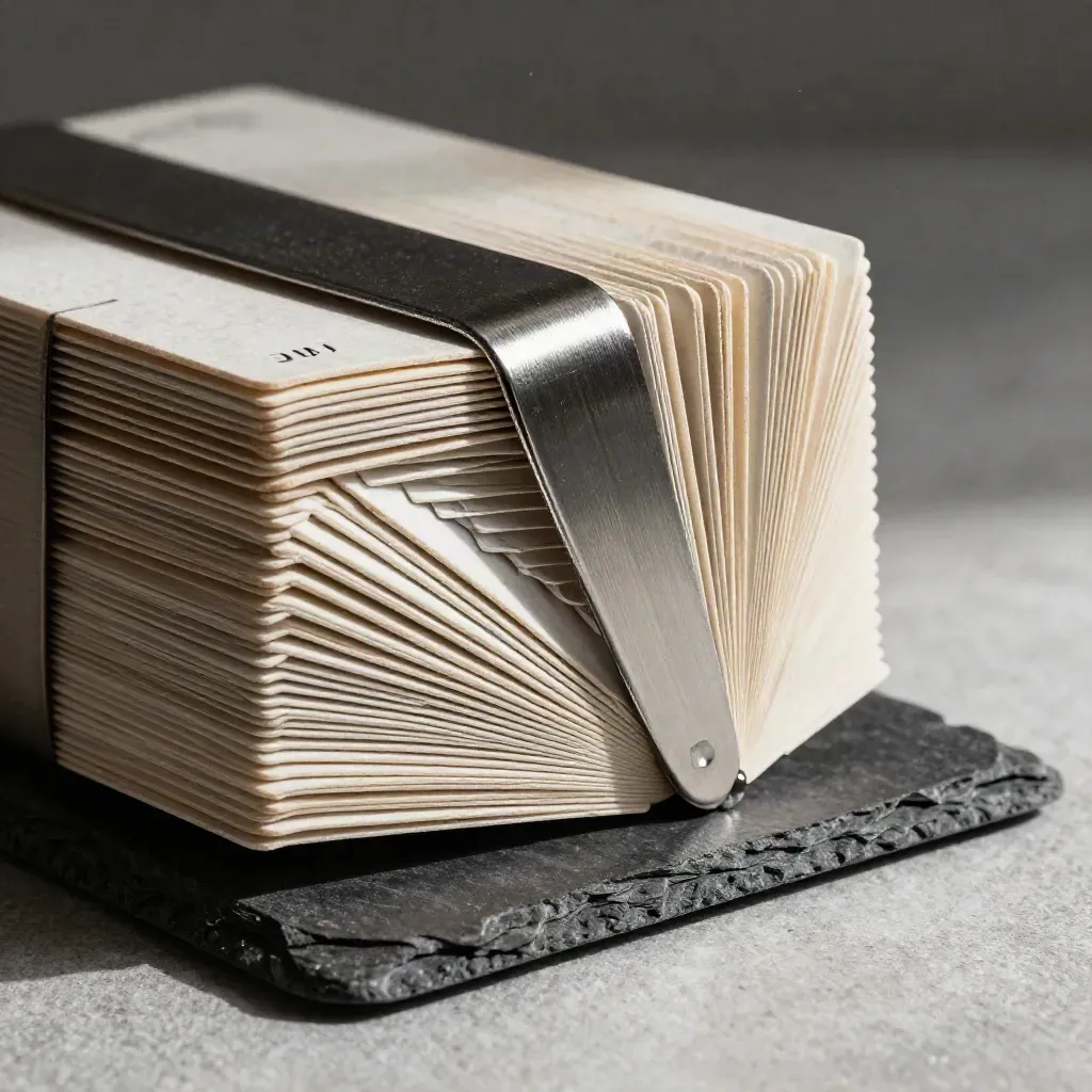 Macro of stacked sealed export cards, slate block, and brushed metal strip on pale stone.