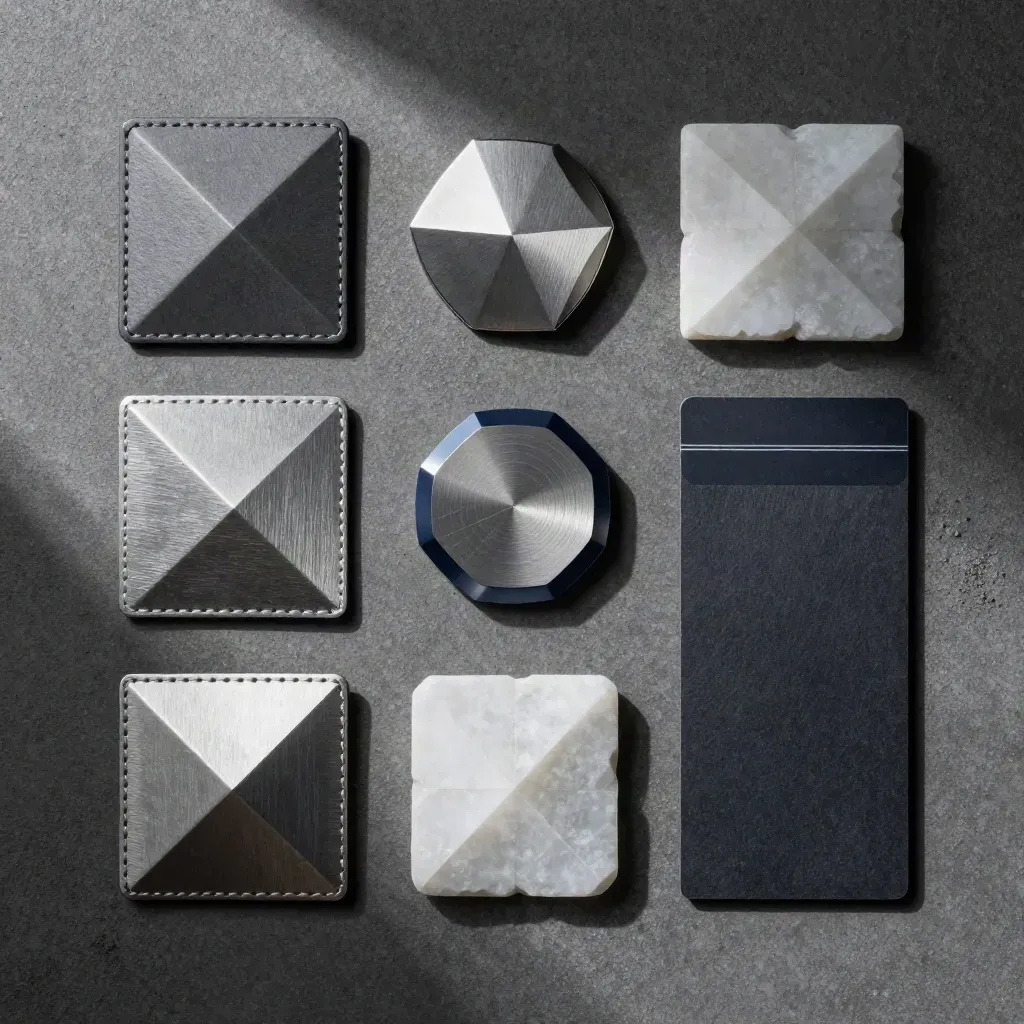 Overhead flatlay of Polygon buy pack pieces, faceted token, and stone chips on charcoal concrete.