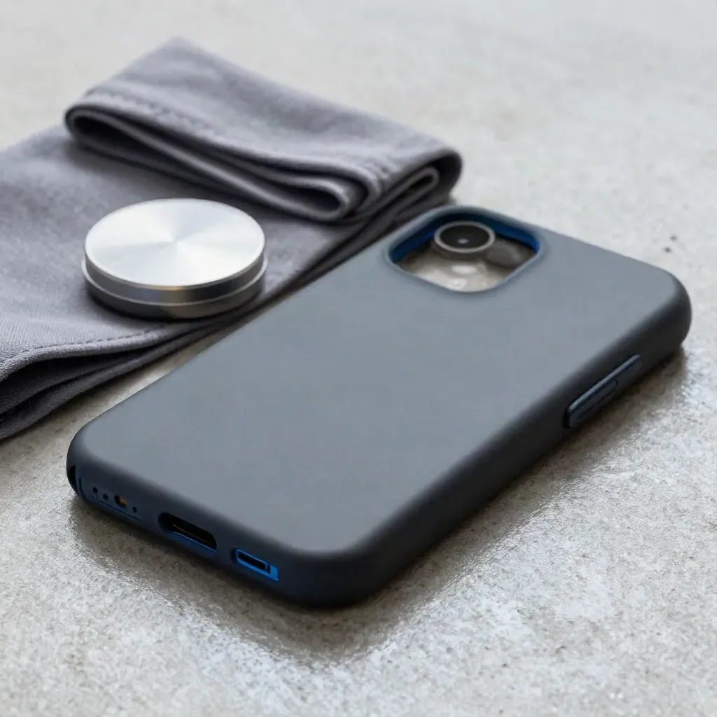 Wallet case, signal puck and cloth sleeve stacked on pale concrete in dramatic studio light.