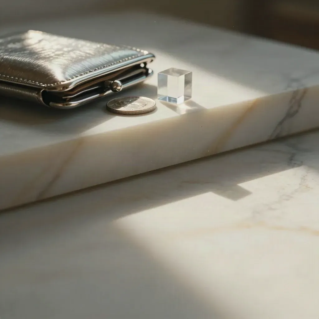 Pale veined marble slab with silver crypto objects and soft morning light