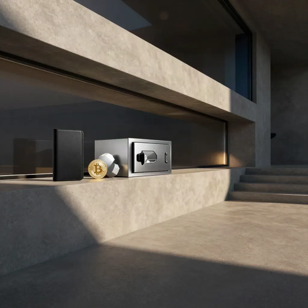 Crypto hardware wallet and vault box on a sunlit concrete ledge in a modern interior.