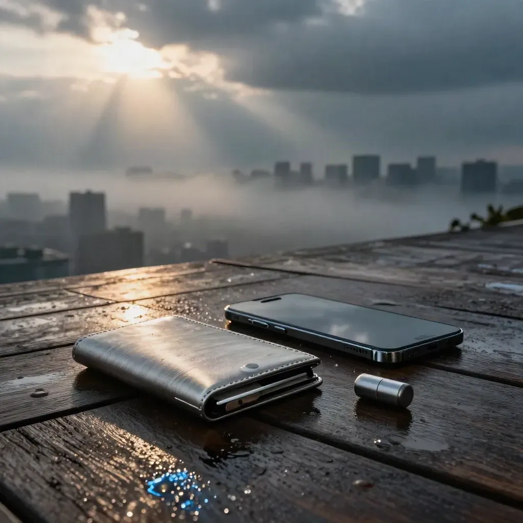 Hardware wallet and phone on a rain-dark terrace above a misty city at golden hour