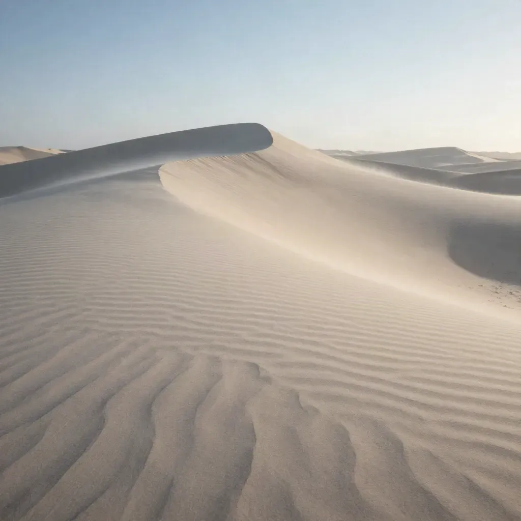 Pale sand ridge at blue hour with ripples and a soft hazy sky line.