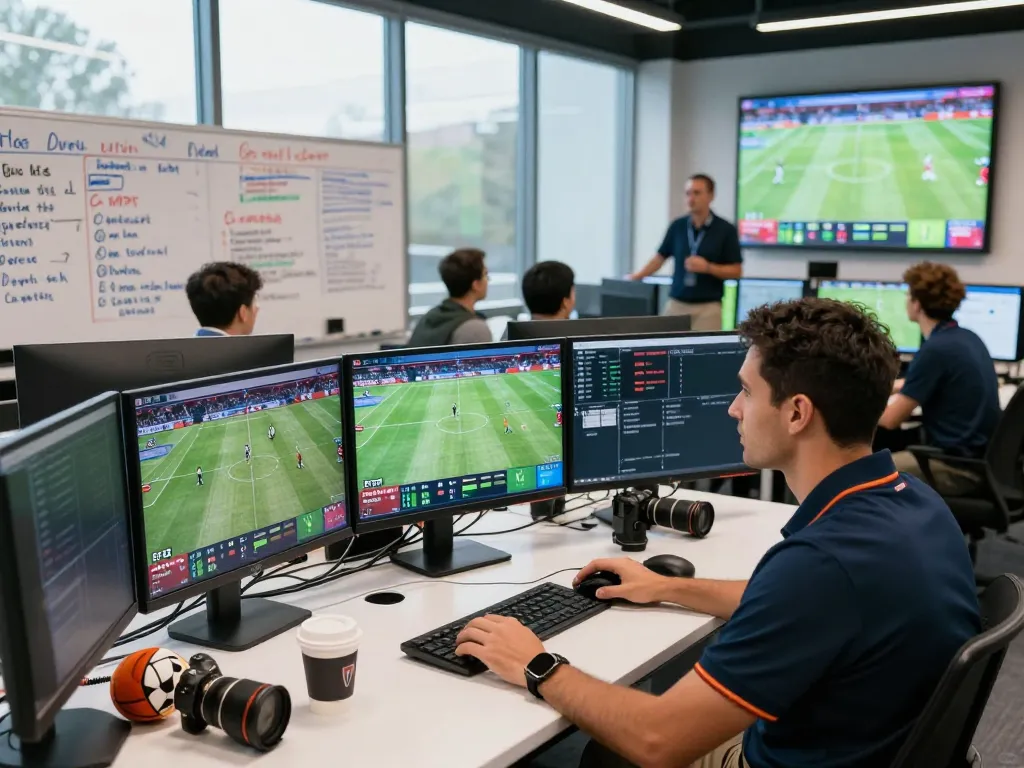 Real-time sports analytics at Bongdalu lab with match statistics display and energetic environment.