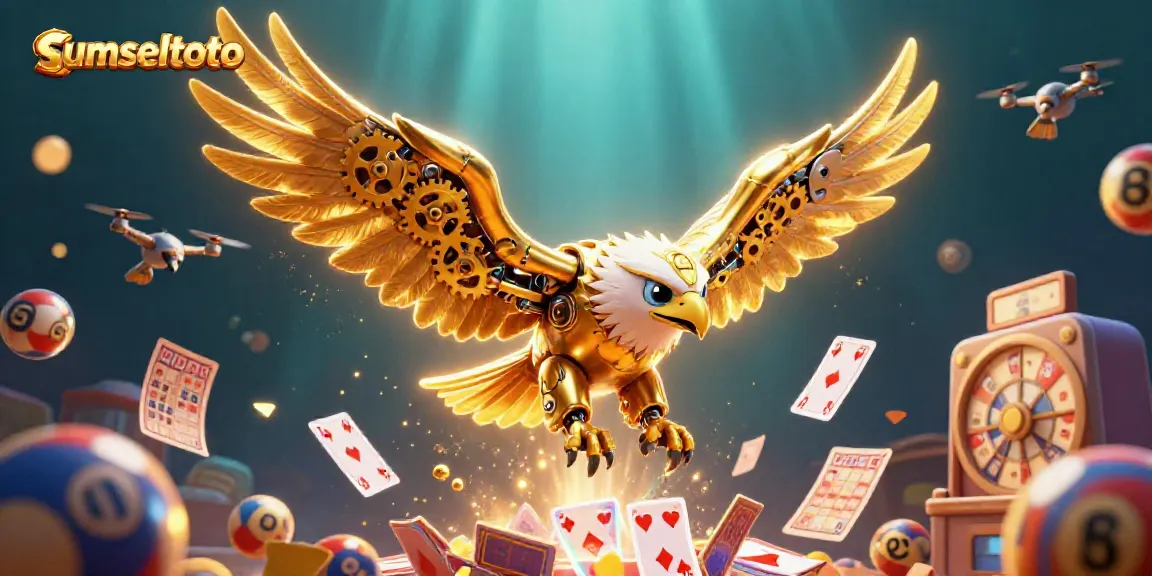 Engage with sumseltoto's thrilling lottery scene featuring a golden eagle amidst colorful lottery elements.