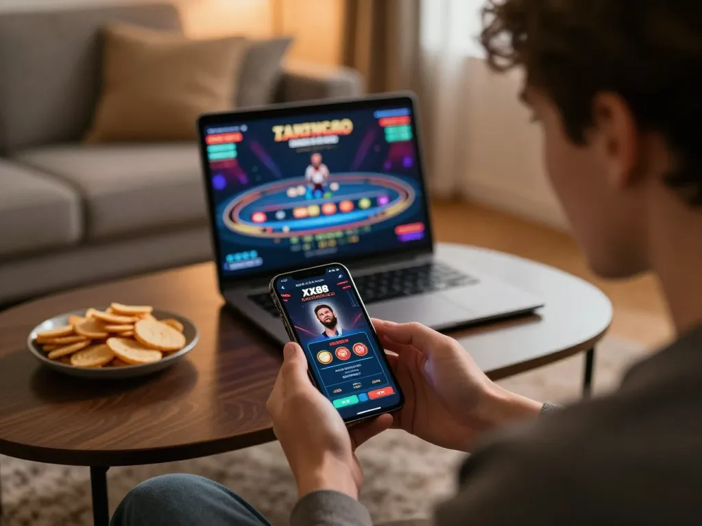 Player enjoying thrilling gameplay on the XX88 casino app, showcasing a cozy gaming environment.