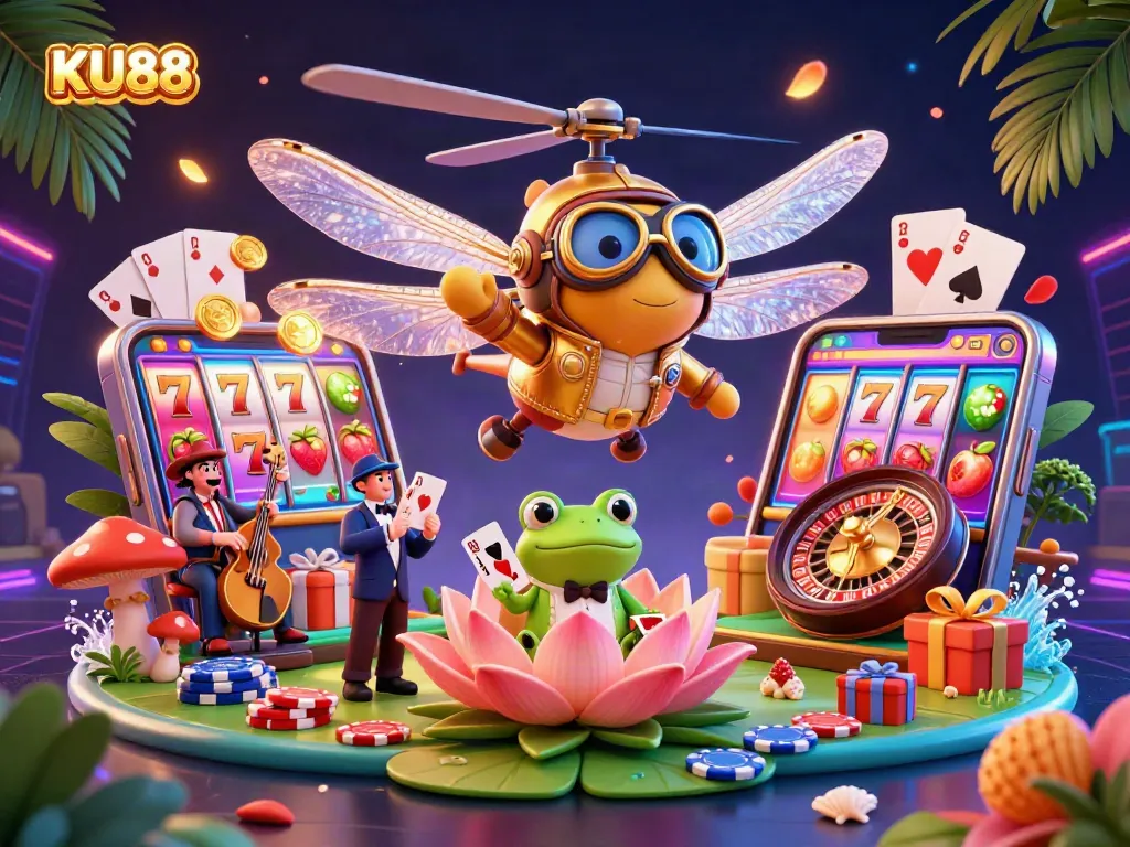 Play exciting games at KU88, where a dragonfly pilot hovers over a vibrant casino, embracing thrilling slots and card games.