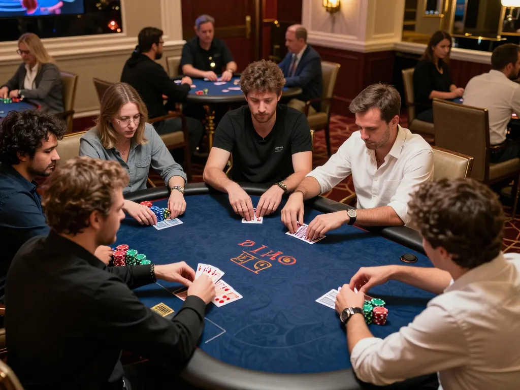 Players engaged in a high-stakes poker game at Nk88 casino, showcasing excitement and strategy.