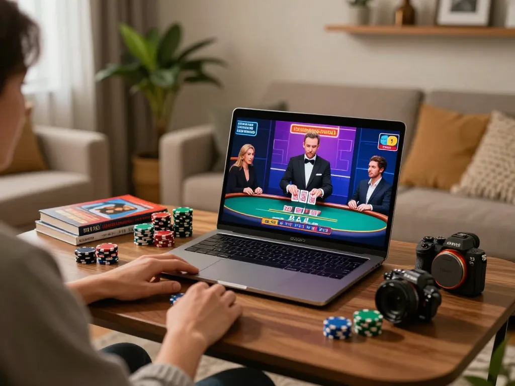 Player enjoying a live dealer blackjack game on 789P in a cozy home setting with ambient lighting.