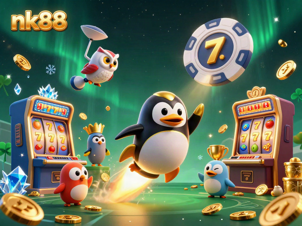 Experience excitement with nk88 in this vibrant casino-themed 3D illustration featuring a dynamic golden penguin.