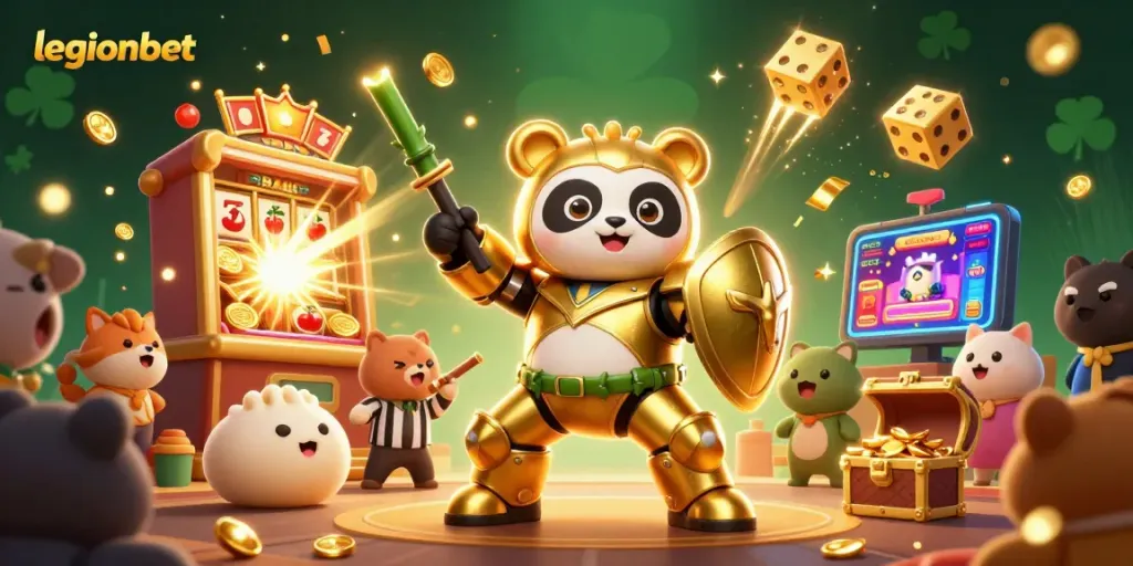 Experience thrilling action at legionbet with a vibrant 3D casino scene featuring a panda and exciting gaming elements.