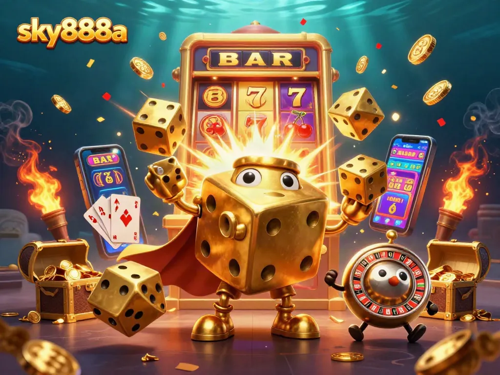 Sky888a highlights exciting casino games with dynamic golden dice characters, jackpots, and rich visuals.