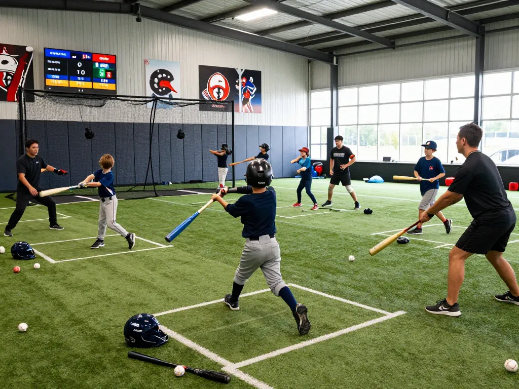 hitclub baseball training scene with young athletes practicing swings and coaches providing feedback