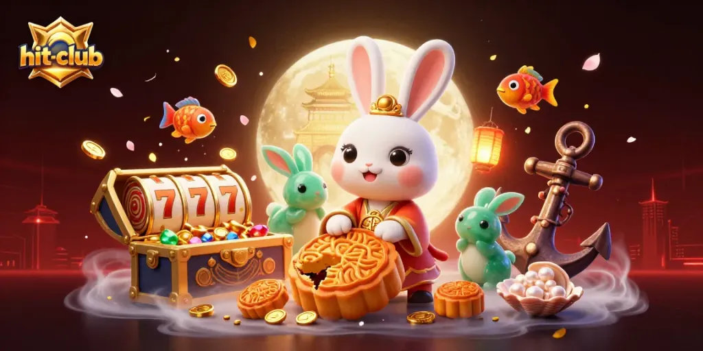 Join the excitement at hit-club as players spin slots and discover treasures in a captivating moonlit scene.