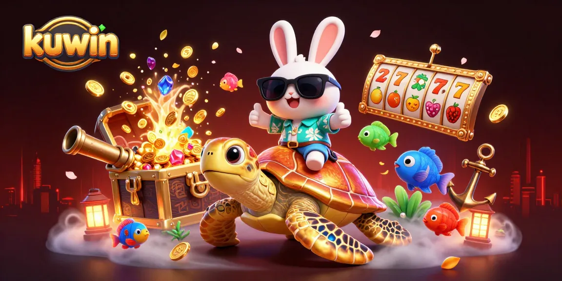 Kuwin invites excitement as a lucky rabbit rides a golden turtle amidst slots and treasures.