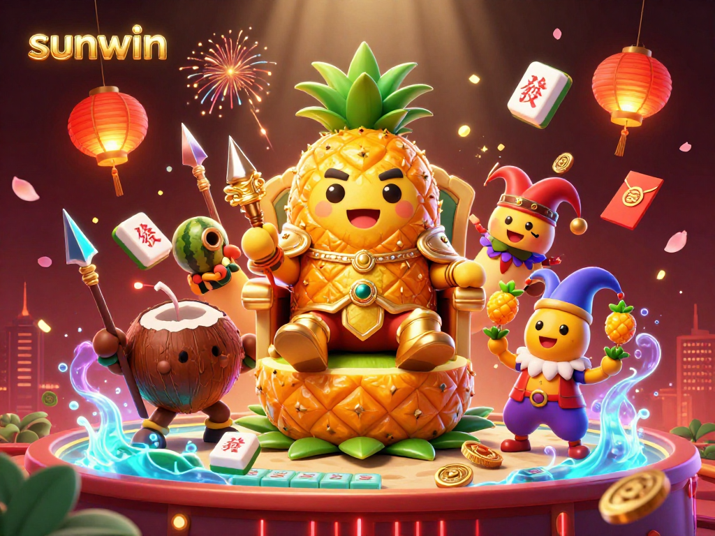 Experience vibrant gaming action with sunwin's golden pineapple king in a lively beach casino scene.