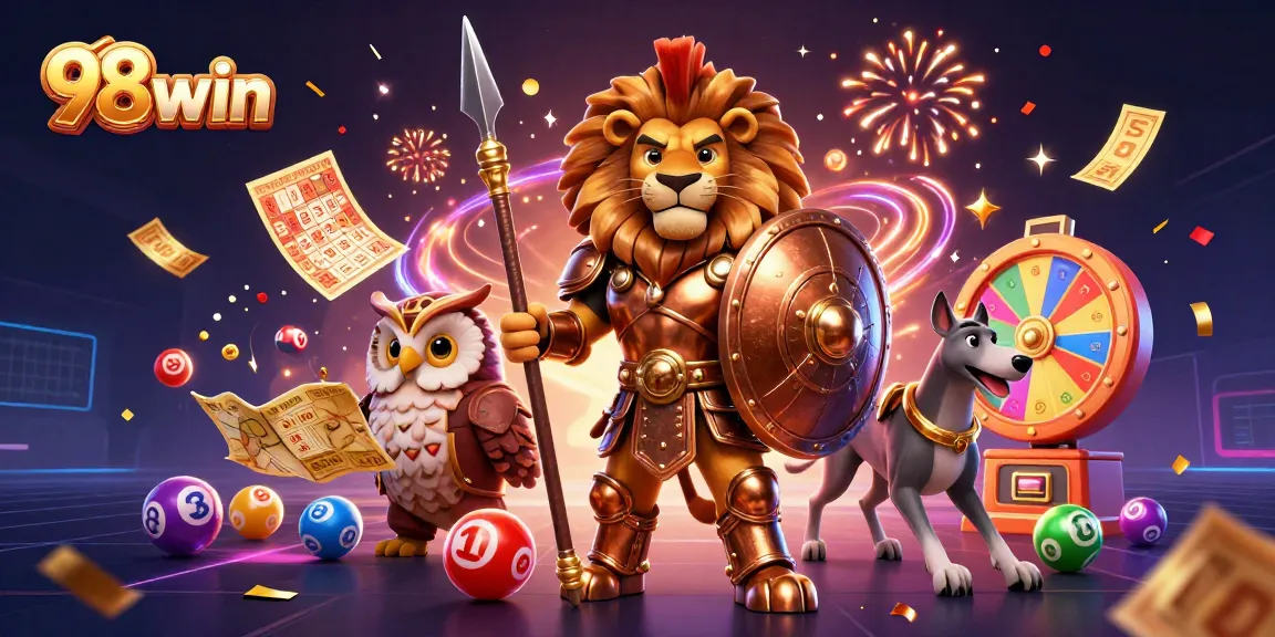Experience thrilling wins with 98win in this vibrant lottery scene featuring colorful elements and excitement.