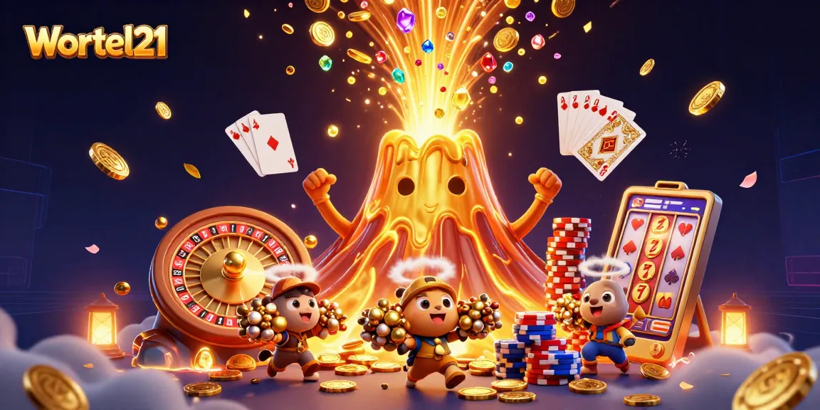 Experience thrills with Wortel21 as golden lava erupts, showering gems and coins in a vibrant casino scene.