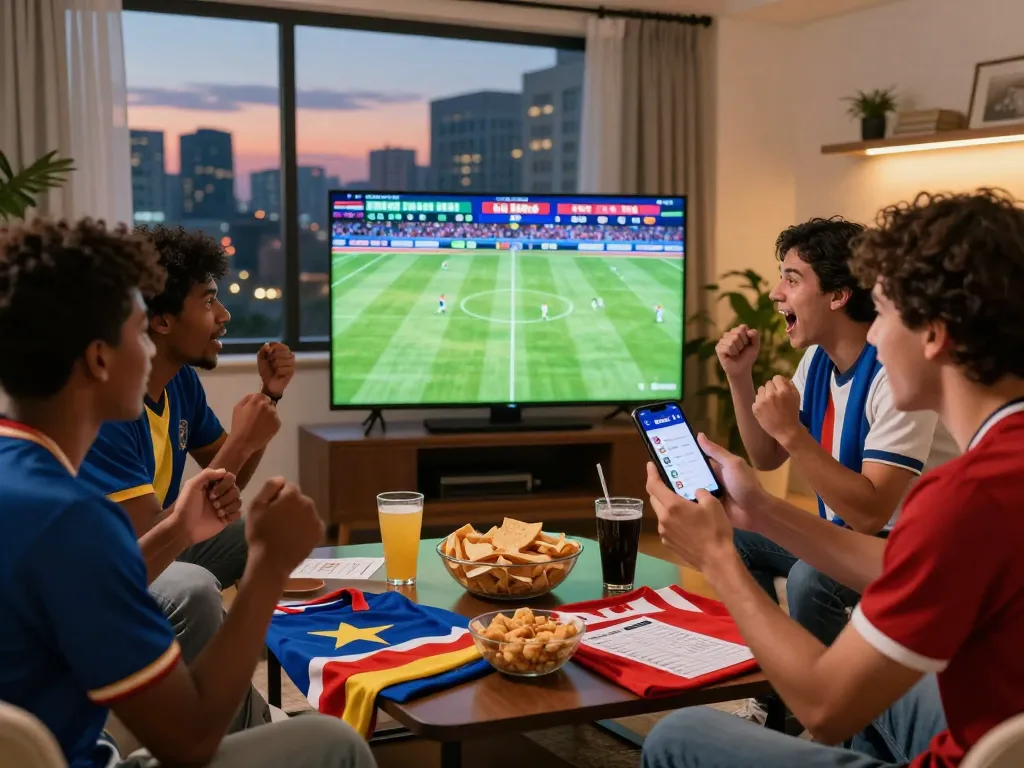 Group of friends enjoying a thrilling soccer match while using Nowgoal app for live betting.
