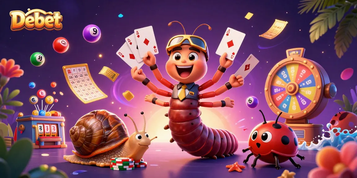 Experience thrilling gaming at Debet with a vibrant scene of excitement, casino elements, and animated characters.