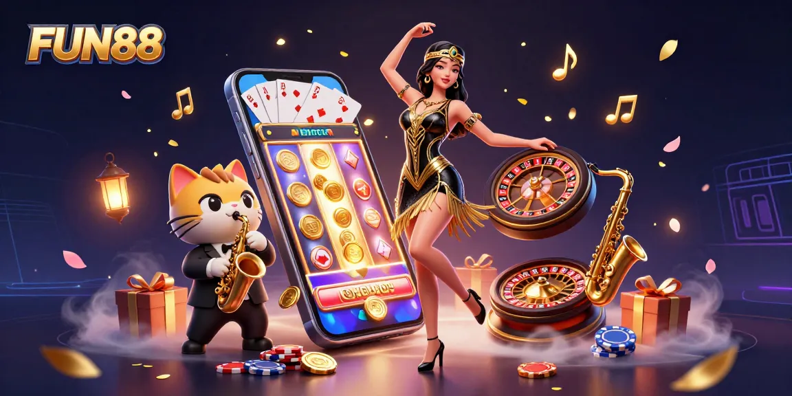 Engage with FUN88's thrilling slot games amidst dynamic casino elements in this vibrant illustration.