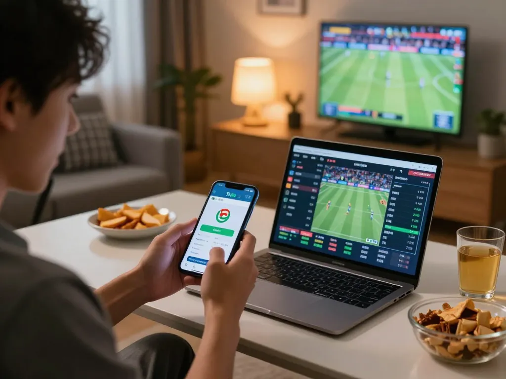 Tip88 user engaging in sports betting with smartphone and laptop in a cozy home setting.