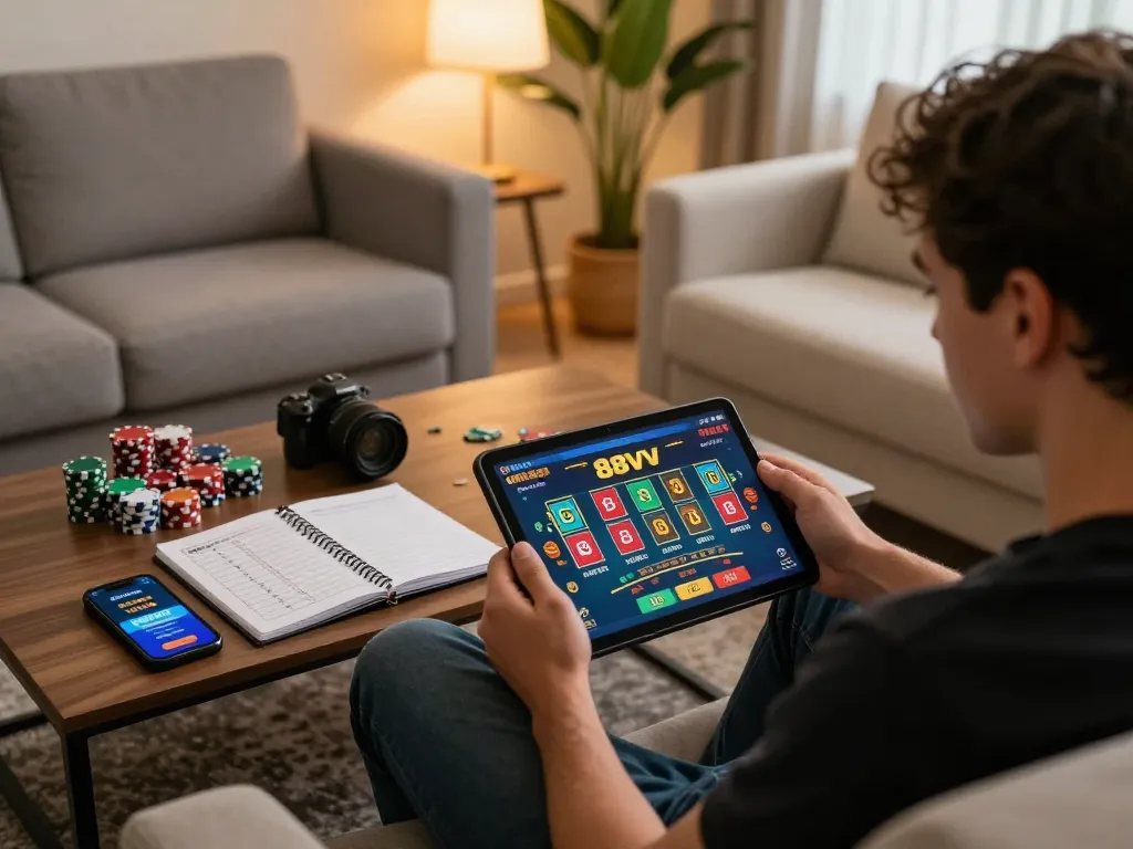 Player enjoying 88vv online casino gaming on tablet in cozy home setting with betting strategies.