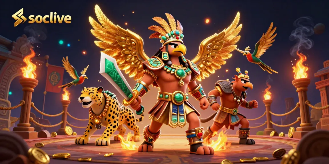 Socolive showcases betting excitement in a vibrant 3D illustration with Aztec warriors and sports elements.