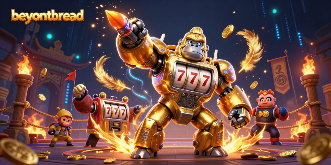 beyondbread showcases a thrilling casino clash with a golden gorilla mech and vibrant elements exploding around it