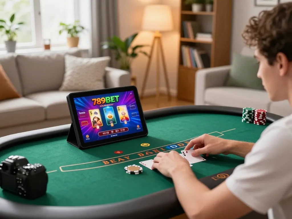 Player engaging with 789BET poker on tablet, cozy home setting highlighting online gambling experience