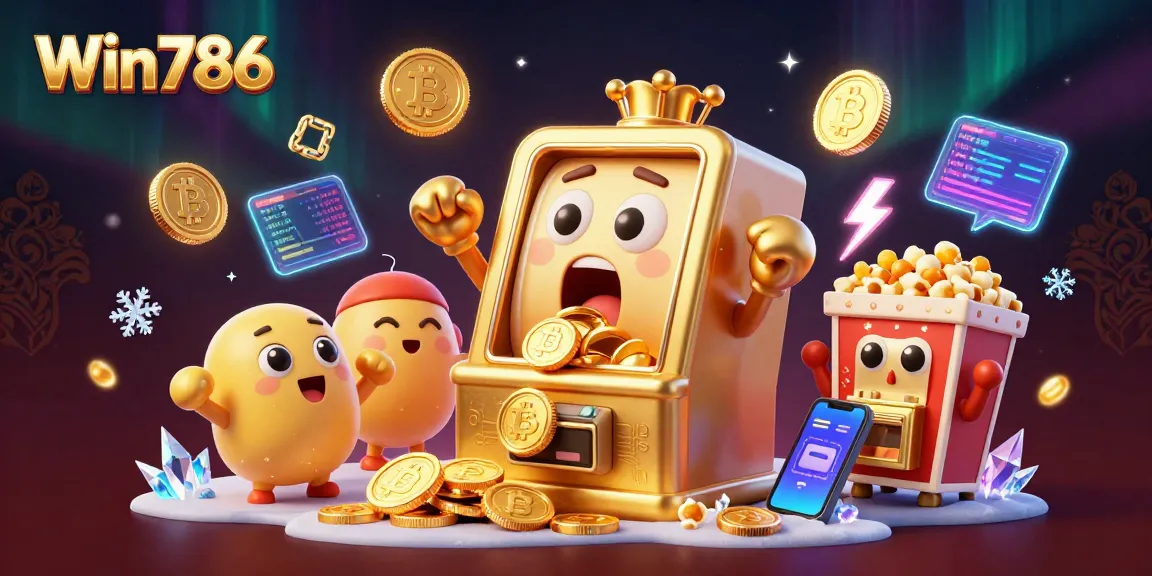 Win786 slot machine celebrates a jackpot with colorful coins and crypto elements in a vibrant casino scene.