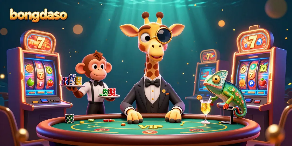 Bongdaso inspires high-stakes gambling fun with a vibrant casino scene featuring a giraffe player and game excitement.
