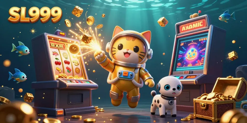 Experience thrilling casino excitement with SL999 featuring a cat astronaut and robot dog amidst jackpot coins and games.