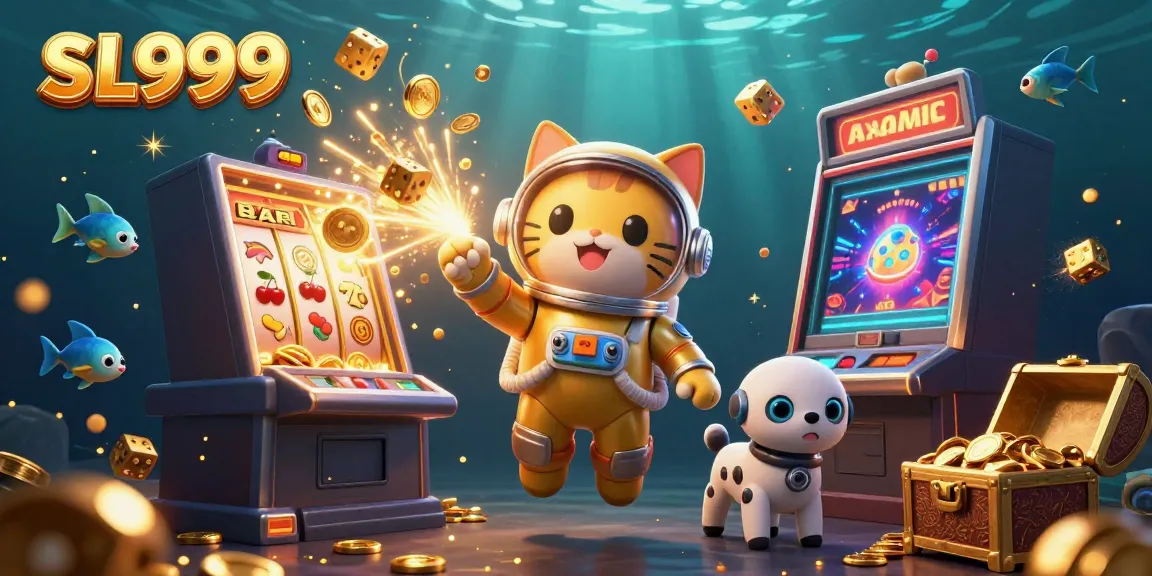 Experience thrilling casino excitement with SL999 featuring a cat astronaut and robot dog amidst jackpot coins and games.