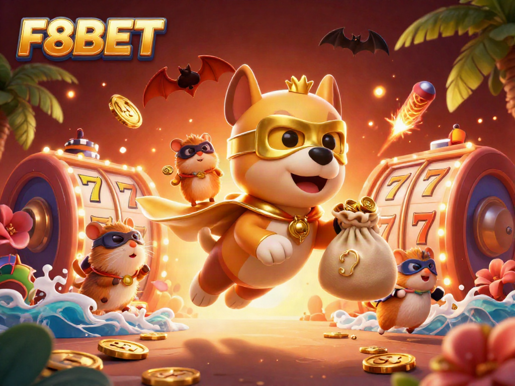 Experience the thrill of gaming at F8BET with our superhero characters amidst vibrant casino elements.