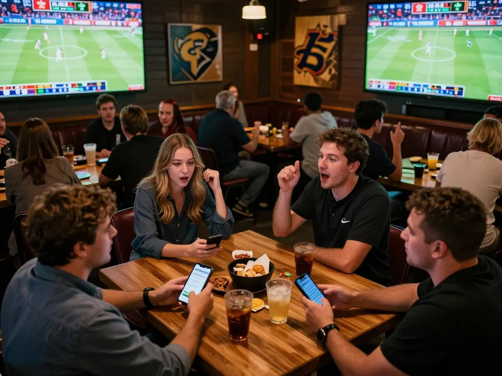 Engaged sports fans placing bets on Xo88 while watching live games at a vibrant sports bar.