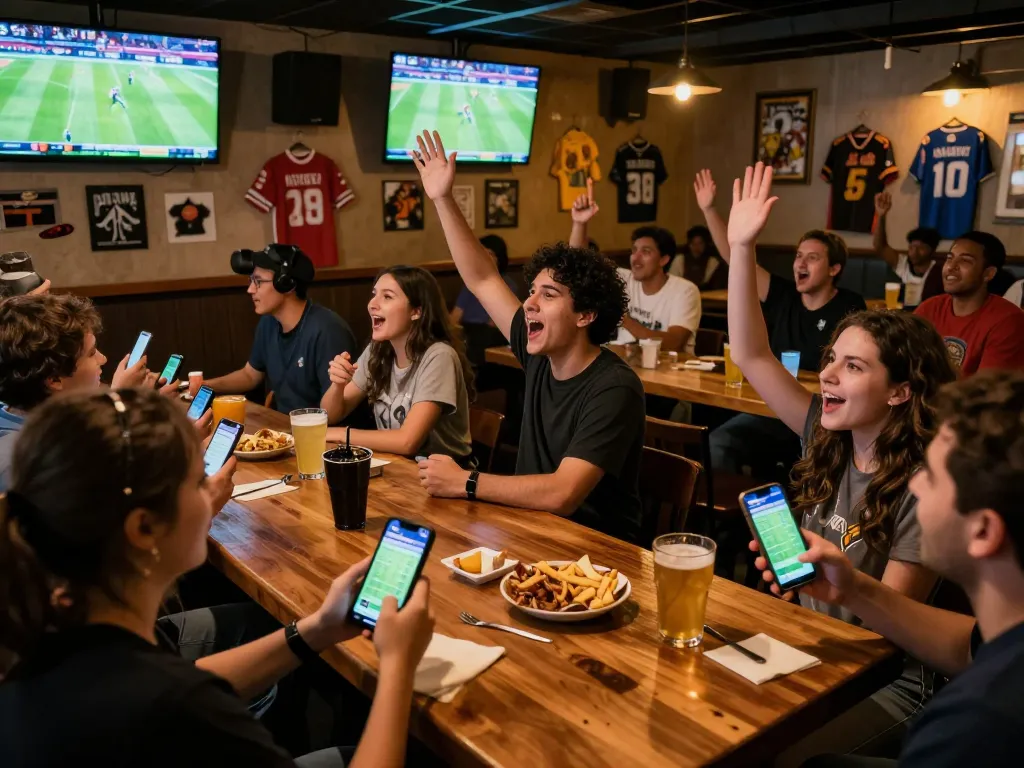 Cakhiatv app showcased in a lively sports bar, with fans watching live football.