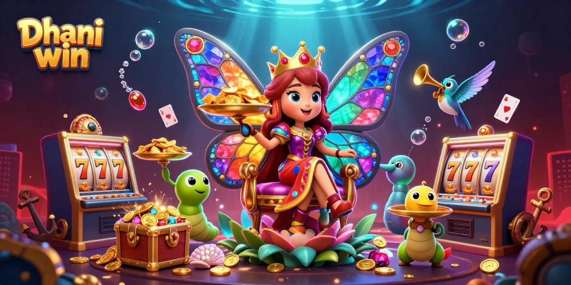 Dhani win online gaming highlights features like slots, colorful gems, and rewards.