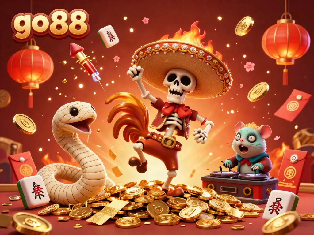 Experience the excitement of go 88 with vibrant 3D casino characters celebrating amidst a flurry of golden coins and festive elements.