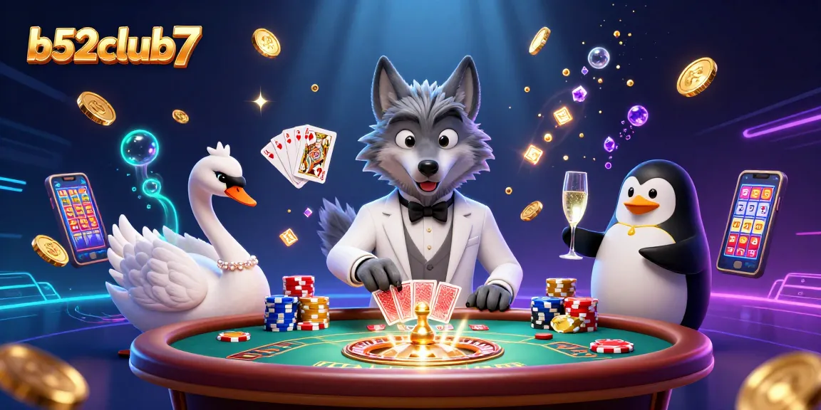 Bets on b52club7 at a lively baccarat table with a debonair wolf, elegant swan, and penguin sommelier.