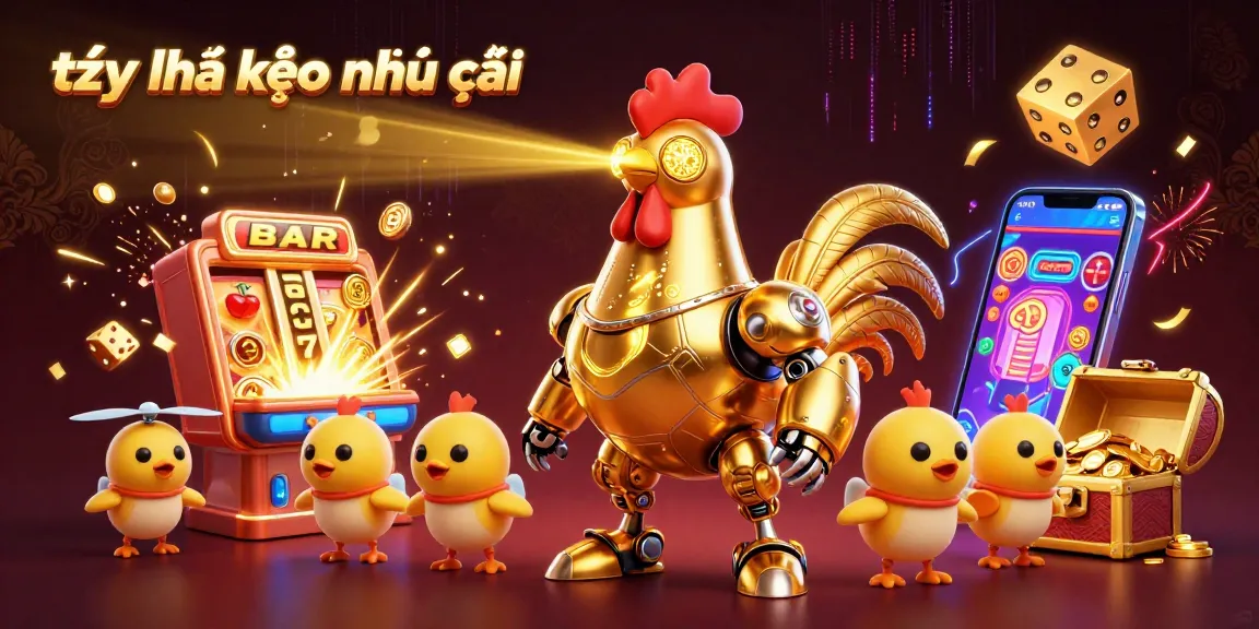 Engage with the thrilling world of tỷ lệ kèo nhà cái as a golden rooster robot beams patterns while surrounded by dynamic casino elements.