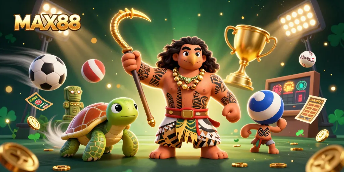 MAX88 showcases an energetic 3D scene with a Polynesian demigod and sports elements in action.