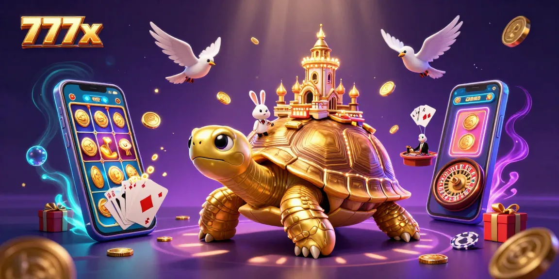 Experience the excitement of 777x casino with a tortoise palace and a rabbit dealer surrounded by dynamic game elements.