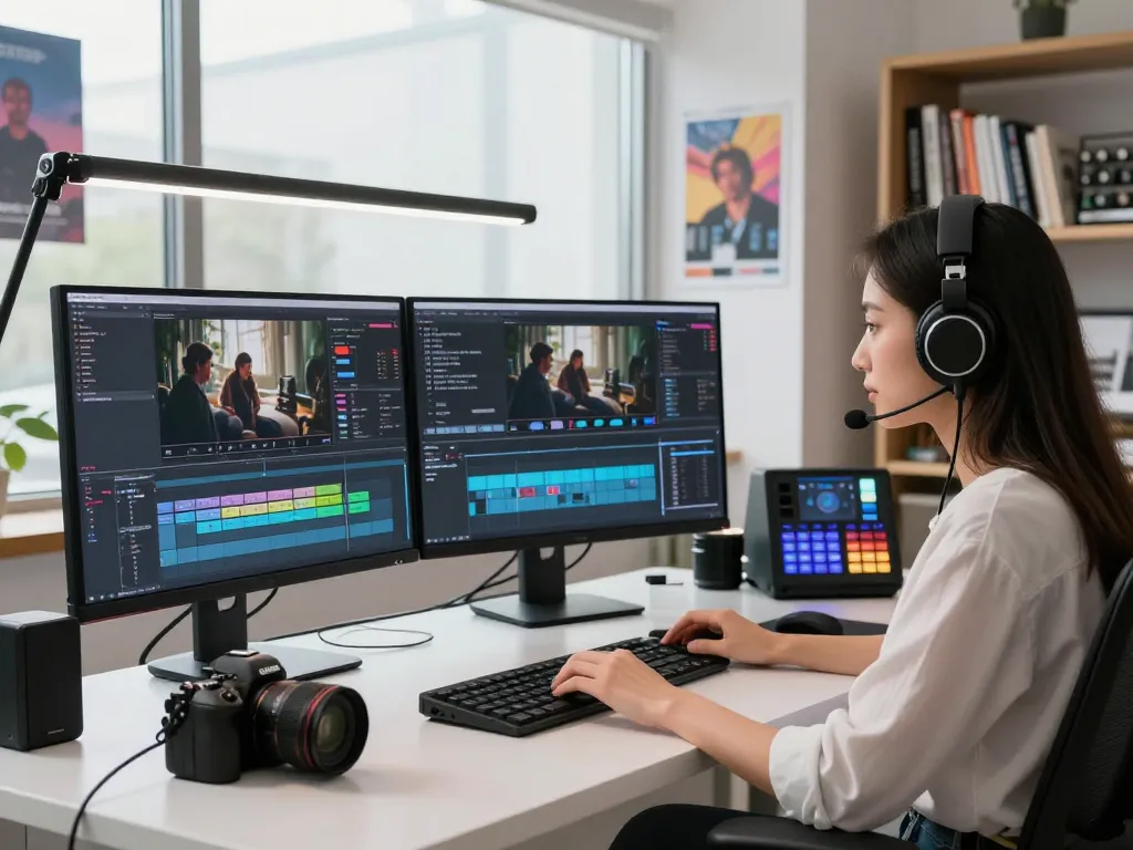 Video to prompt generation setup with a focused editor analyzing video content, showcasing modern technology and vibrant workspace.