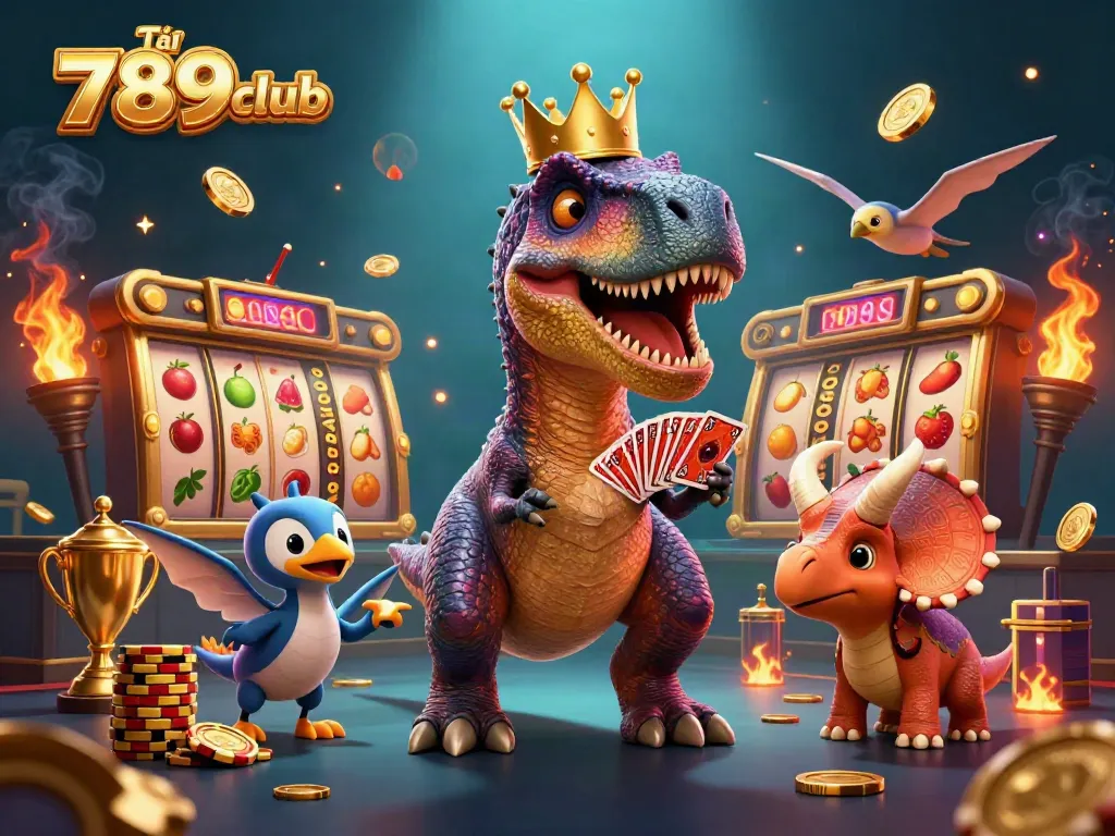Tải 789club with vibrant 3D characters celebrating gambling wins through a dynamic scene showcasing massive slots and golden chips.