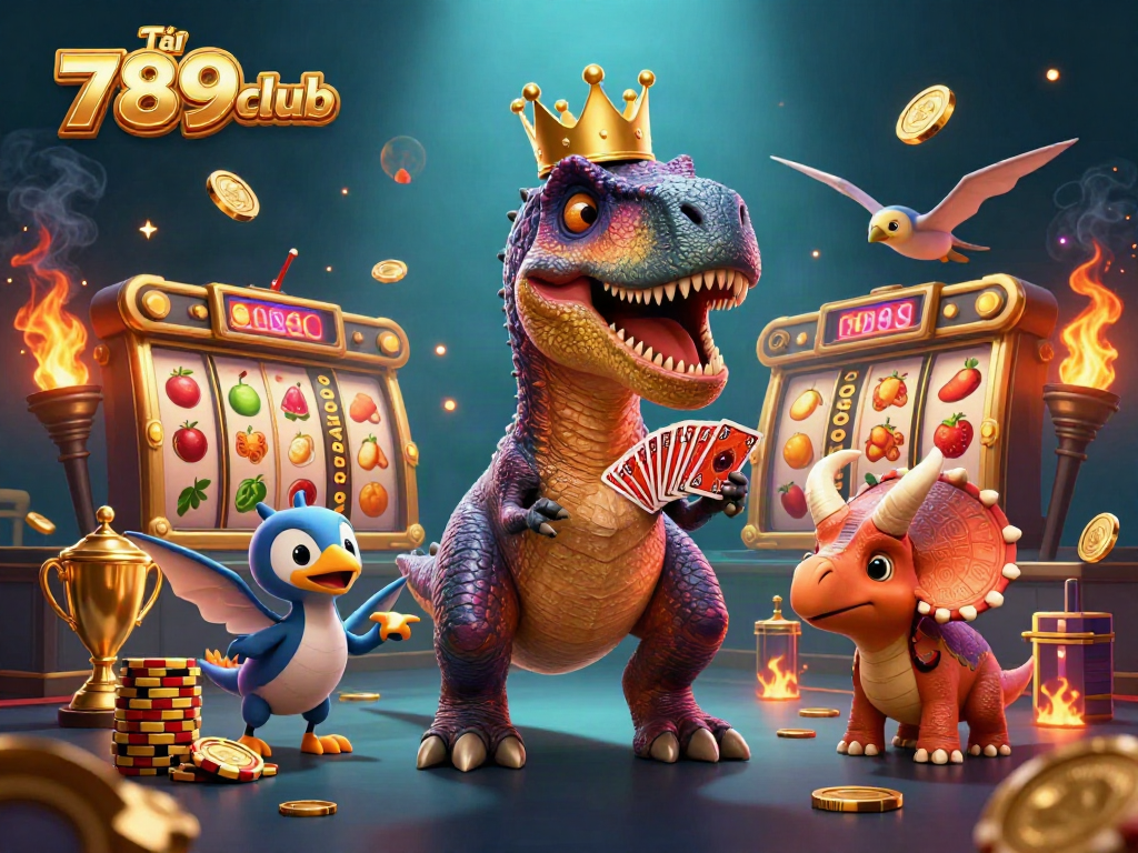 Tải 789club with vibrant 3D characters celebrating gambling wins through a dynamic scene showcasing massive slots and golden chips.