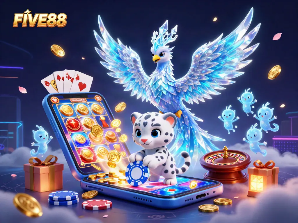 Engage with FIVE88's latest promotions featuring a playful snow leopard cub and spectacular ice phoenix in a vibrant casino scene.