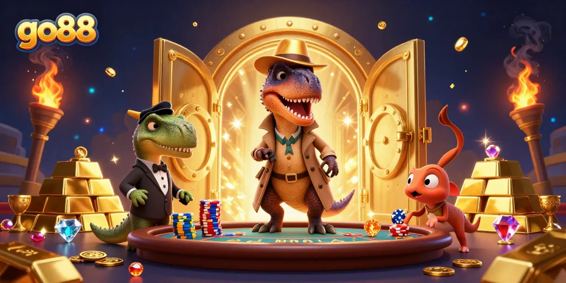Experience thrilling gameplay with go88's cartoon velociraptor and stegosaurus at a blackjack table.